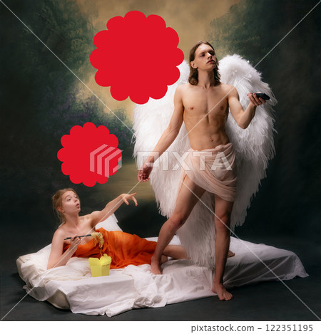 Winged male angel holding tv controller, seated woman in eating noodles from takeout container with red speech bubbles for text. Winged male angel holding tv controller, seated woman in eating noodles from takeout container with red speech bubbles for text. 122351195