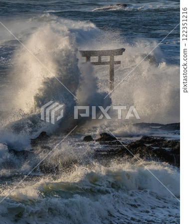 The torii gate of Oarai Isosaki Shrine in the middle of a stormy winter 122351216