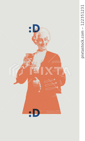 Smiling man, medieval royal person, in 18th-century attire holding a drink, expressing joy and celebration, framed by minimalist orange and blue graphic accents. 122351231