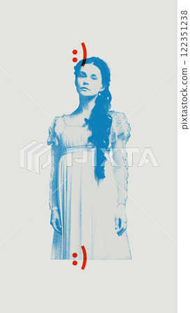 Portrait of elegant young woman in vintage dress, gazing softly, radiating quiet reflection, accented by subtle orange and blue minimalist graphic elements. Portrait of elegant young woman in vintage dress, gazing softly, radiating quiet reflection, accented by subtle orange and blue minimalist graphic elements. 122351238