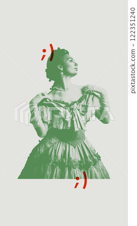Medieval elegant woman, queen dressed in vintage dress, radiating elegance and grace, framed by green and red minimalist graphic elements. 122351240