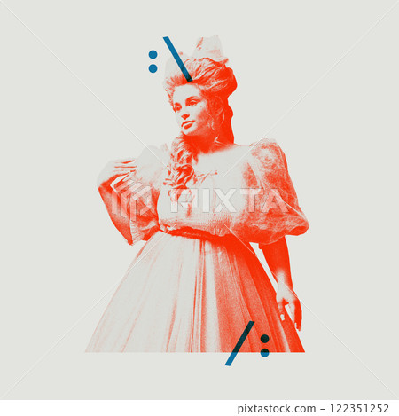 Elegant medieval woman, royal person in vintage dress with abstract graphic symbols meaning hesitation and thoughtful expression 122351252