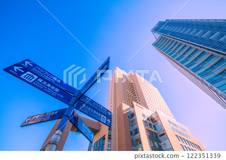 Yokohama cityscape in Japan in January. View of Cross Gate, Washington Hotel, Fuji Soft, etc. from Sakuragicho Station on the 22nd 122351339