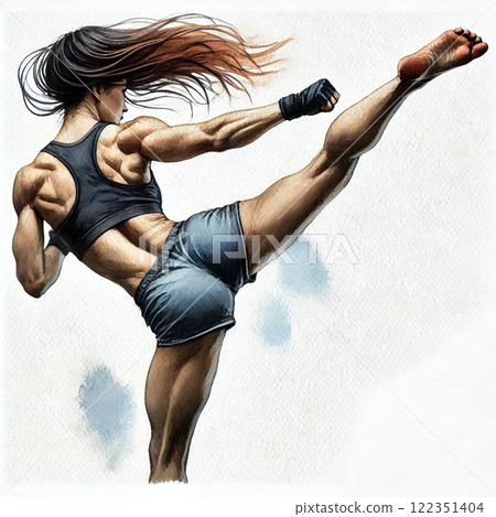 Female fighter performing a high kick 122351404