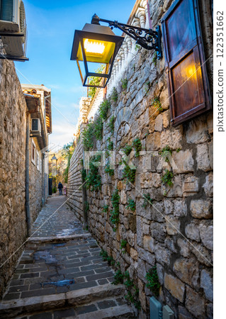 Narrow street in Ulcinj Old Town in Montenegro, the southernmost city at Montenegrin coast, Europe 122351662