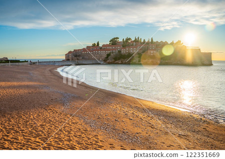 Sveti Stefan island near Budva at sunset light in winter time. Closed resort in Montenegro 122351669