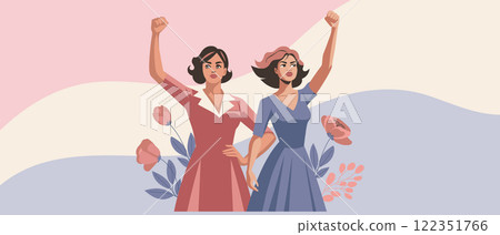 Young women with poppies flowers and raised hands in protest. Postcard for women's day, equality day. Banner, illustration Young women with poppies flowers and raised hands in protest. Postcard for women's day, equality day. Banner, illustration 122351766