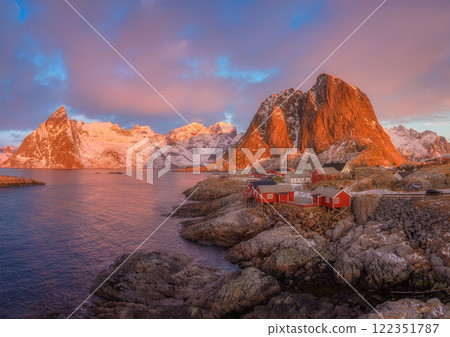 View on the traditional house in the Hamnoy village, Lofoten Islands, Norway. Nature in fjords. 122351787