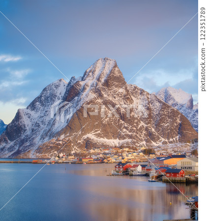 View on the traditional house in the Reine, Lofoten Islands, Norway. Nature in fjords. 122351789