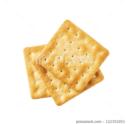 Stack of square water crackers isolated on white background, top view. Water crackers placed on top of each other on a white background, top view. 122352051