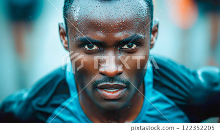 Close-up of a black man's face running with a sweaty and serious expression 122352205