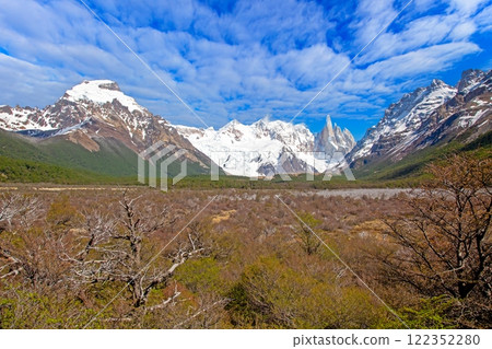View of the valley towards Laguna Torre with Cerro Torre and surrounding peaks 122352280