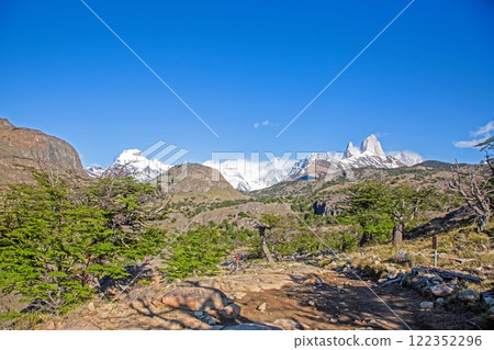View of the valley towards Laguna Torre with Cerro Torre and surrounding peaks 122352296