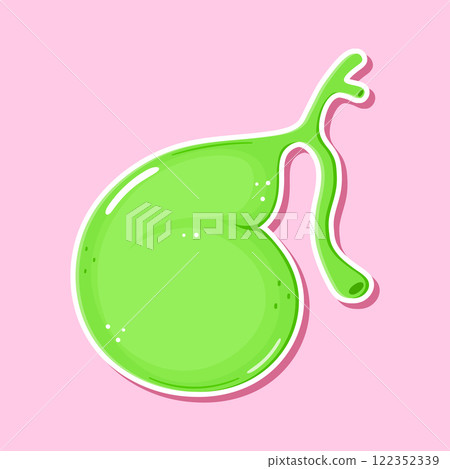 Sticker Gallbladder character. Vector hand drawn cartoon kawaii character illustration icon. Isolated on pink background. Gallbladder character concept 122352339