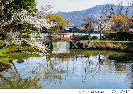 Osawa Pond: Cherry blossoms and a red bridge reflected on the water 122352815