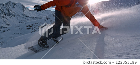 Freeze Motion of Running Snowboarder in Fresh Powder Snow. Austria Alps, Europe. Freeze Motion of Running Snowboarder in Fresh Powder Snow. Austria Alps, Europe. 122353189