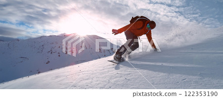 Freeze Motion of Running Snowboarder in Fresh Powder Snow. Austria Alps, Europe. Freeze Motion of Running Snowboarder in Fresh Powder Snow. Austria Alps, Europe. 122353190