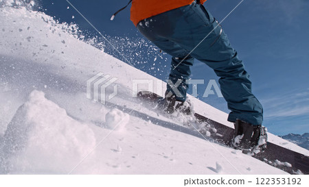 Detail of Running Snowboarder in Fresh Powder Snow. Austria Alps, Europe. 122353192