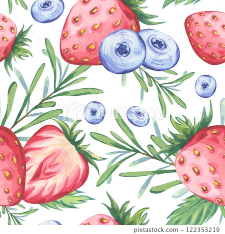Seamless watercolor pattern featuring strawberries, blueberries, mint leaves and rosemary sprigs. Perfect for botanical inspired designs, fabric prints, eco-friendly packaging, refreshing summer decor 122353219