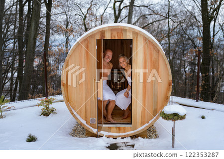 A spa sauna session for elderly man and woman. Romantic spa moment for seniors. A spa sauna session for elderly man and woman. Romantic spa moment for seniors. 122353287