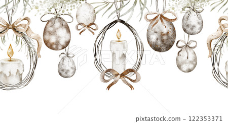 Easter egg and candle watercolor hanging seamless border. Perfect for holiday decor, textiles, or wrapping paper. Design for Easter-themed products and nursery wallpaper. Easter egg and candle watercolor hanging seamless border. Perfect for holiday decor, textiles, or wrapping paper. Design for Easter-themed products and nursery wallpaper. 122353371