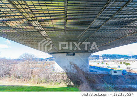 Osaka Prefecture, Yodo River left bank riverbed, temporary scaffolding for construction of the Shin-Meishin Yodo River Bridge 122353524