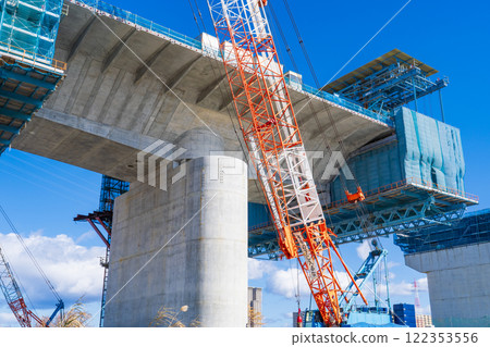 Osaka Prefecture, Yodo River left bank riverbed, Shin-Meishin Expressway Yodo River Bridge under construction, cantilever construction method Osaka Prefecture, Yodo River left bank riverbed, Shin-Meishin Expressway Yodo River Bridge under construction, cantilever construction method 122353556