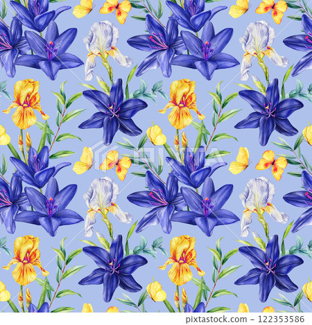 seamless tropical floral pattern. blue lilies, yellow iris, green leaves. Watercolor illustration blooming design fabric seamless tropical floral pattern. blue lilies, yellow iris, green leaves. Watercolor illustration blooming design fabric 122353586