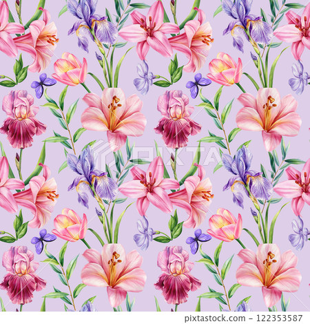 Pink lilies, irises, tulip, butterfly. Watercolor flowers botanical design, nature background. Seamless floral pattern Pink lilies, irises, tulip, butterfly. Watercolor flowers botanical design, nature background. Seamless floral pattern 122353587