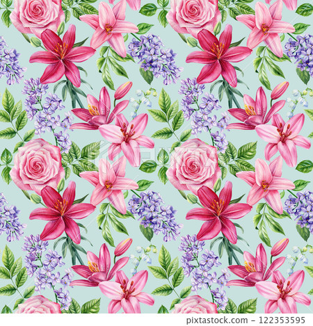 seamless floral pattern with pink lilies, peonies, romantic watercolor flowers, elegant botanical design, Vintage fabric 122353595