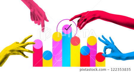 Creative art collage. Colorful hands reach towards bar graph, one marking checkmark above tallest bar, symbolizing goals, success. 122353835