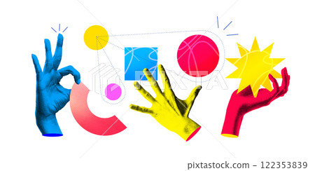 Creative art collage. Hands interact with vibrant array of shapes, connected by dotted lines, symbolizing collaboration and creative idea exchange. Creative art collage. Hands interact with vibrant array of shapes, connected by dotted lines, symbolizing collaboration and creative idea exchange. 122353839