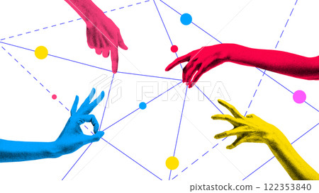 Modern art collage. Colorful hands connect across network of lines and dots, as communication, collaboration, and exchange of ideas within team. Modern art collage. Colorful hands connect across network of lines and dots, as communication, collaboration, and exchange of ideas within team. 122353840