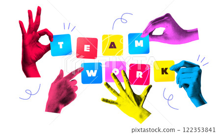Contemporary art collage. Hands, vibrantly colored, arrange blocks to spell TEAMWORK, with playful lines accentuating collaborative effort and shared accomplishment. 122353841