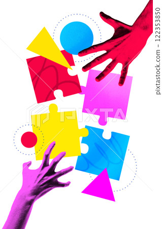 Contemporary art collage. Two hands reach for scattered, colorful puzzle pieces, illustrating the concept of collaboration and problem-solving. 122353850