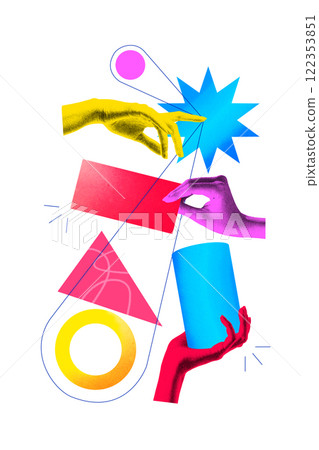 Contemporary art collage. Colorful hands engage with abstract shapes, star, triangle, circle, and cylinder, suggesting creative collaboration. 122353851