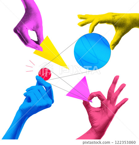 Conceptual art design. Colorful hands, interact with geometric shapes, connected by lines, suggesting dynamic exchange of ideas. Conceptual art design. Colorful hands, interact with geometric shapes, connected by lines, suggesting dynamic exchange of ideas. 122353860