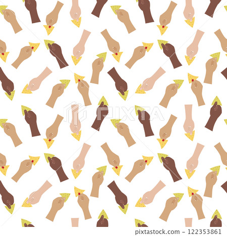 Mens and Womens Hands different nationalities hold spinach and corn nachos Abstract Seamless Pattern 122353861