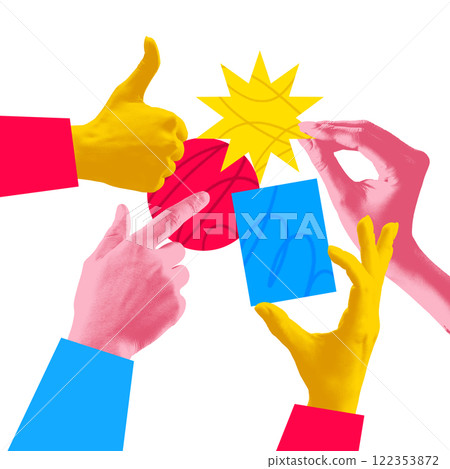 Conceptual art design. Vibrant hands reach, pointing and holding geometric shapes, illustrating collaborative, communicative energy and ideas. Conceptual art design. Vibrant hands reach, pointing and holding geometric shapes, illustrating collaborative, communicative energy and ideas. 122353872