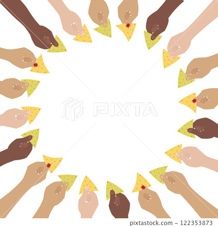 Female and Male hands different race holding spinach and corn nachos Circular Frame Border Copyspace Female and Male hands different race holding spinach and corn nachos Circular Frame Border Copyspace 122353873