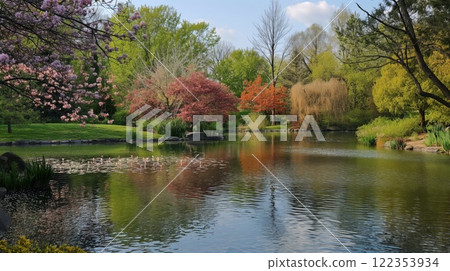 Tranquil pond surrounded by vibrant blossoming trees on a peaceful spring day 122353934