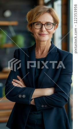 Poised senior woman with glasses, exuding confidence and leadership, stands arms crossed in a modern office environment 122353956