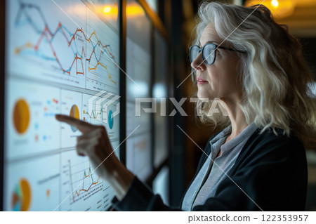 Focused senior female data analyst examines complex data visualizations on a digital screen in a modern office environment 122353957