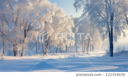 Serene landscape showcasing trees heavily adorned with snow under a soft winter light 122354030