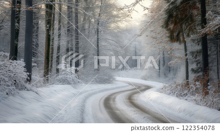 Serene winter scene depicting a winding road blanketed in snow, cutting through a tranquil, frost-covered forest 122354078