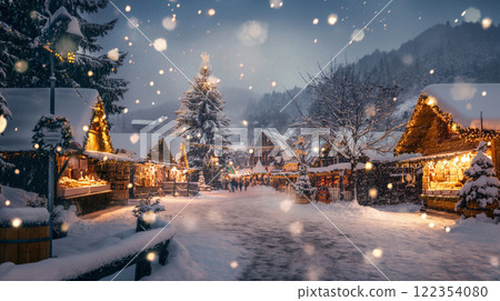 Festive holiday market glows warmly in a quaint snow-covered village square during christmas 122354080