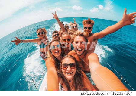 Group of ecstatic young friends partying on a boat deck with the ocean in the background and a clear blue sky overhead 122354164