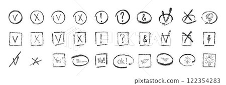 Hand drawn grunge texture tick, mark, checkboxes, correct or wrong symbols set. Chalk or crayon effect vector elements isolated on white background for underline in business presentation, checklist 122354283