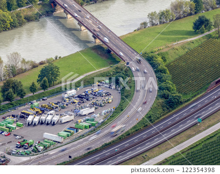 Brennero highway near Trento town aerial view 122354398