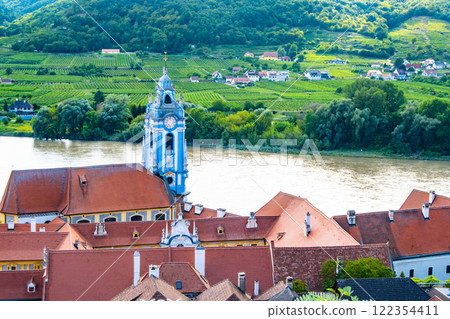 Panorama of Wachau valley with Danube river near Duernstein village in Lower Austria. Traditional wine and tourism region, Danube cruises. 122354411
